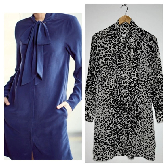 Equipment Femme Leema Black/White Leopard Print Tie Neck Long Sleeve Dress Small - Picture 1 of 11